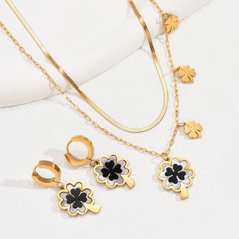 💎New Gold Plated Stainless Steel Enamel Lucky Clover ♠️ Necklace & Hoop Earrings